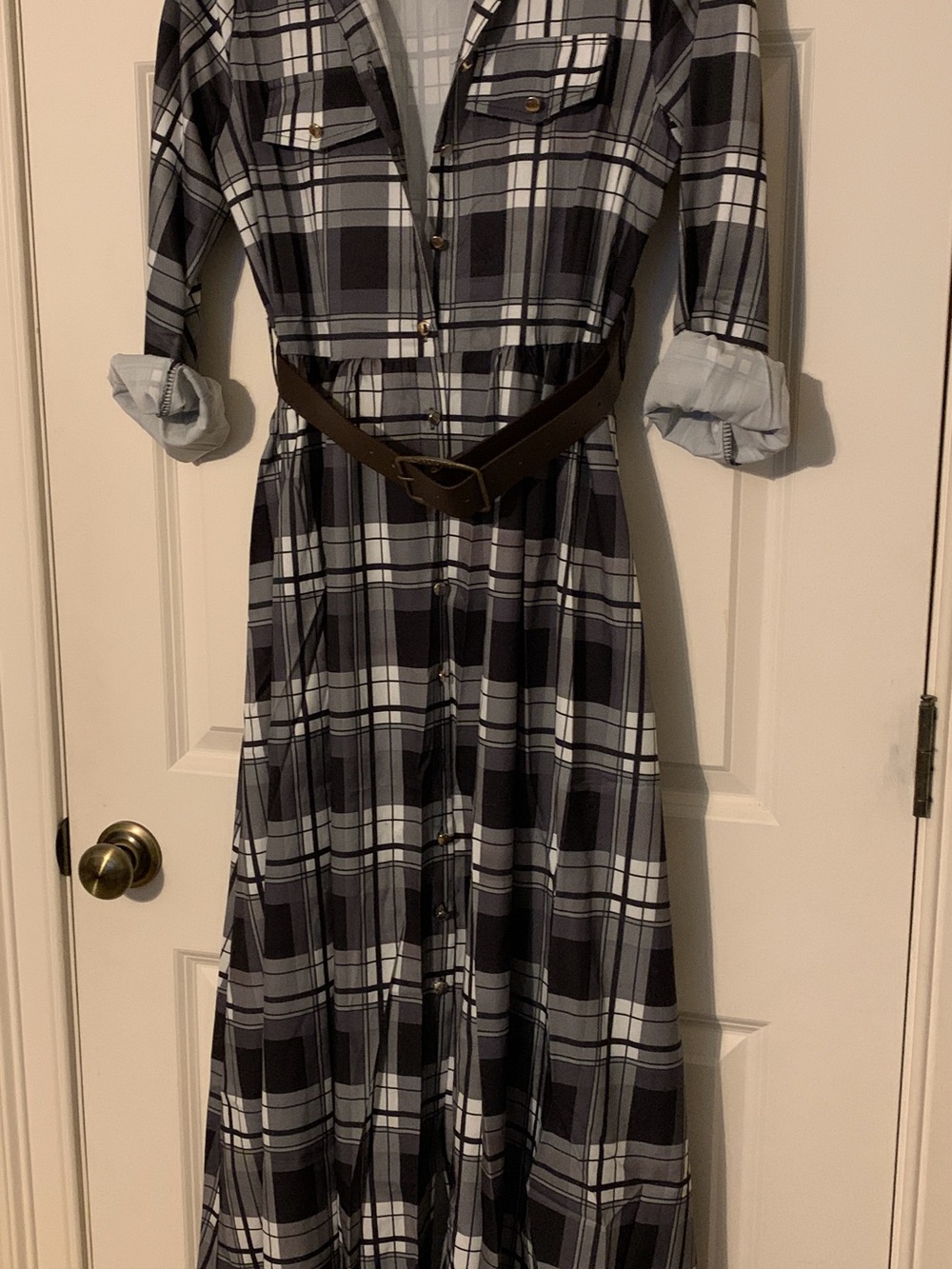 SHEIN Black & White Plaid Maxi Shirt Dress with belt and side pockets